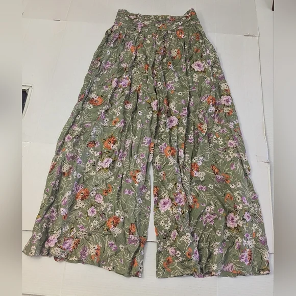 By Anthropologie Wide-Leg Pants Floral Print Olive Green Size 6 Inseam 30" - Picture 3 of 11